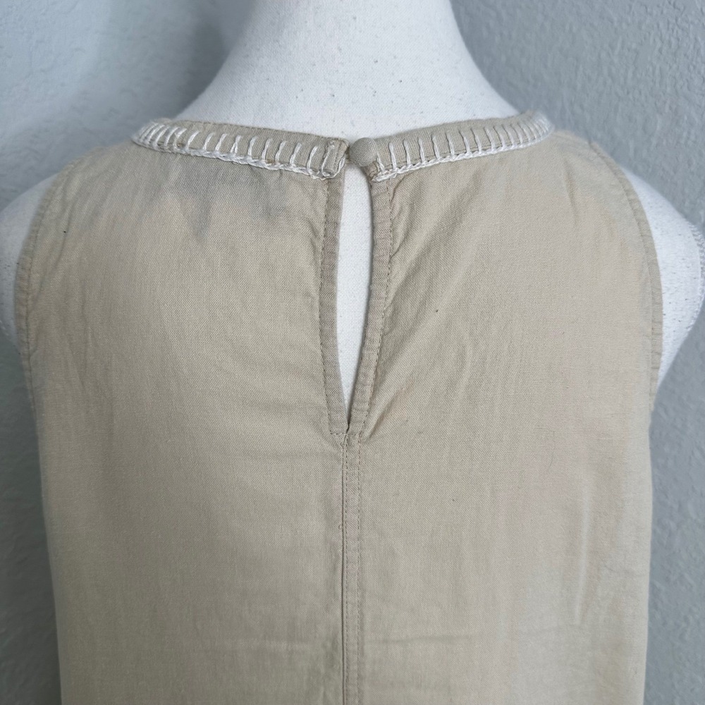 Magashoni Linen blend Sleeveless Tan Beige Midi Dress Embroidered Trim size med - Picture 5 of 9